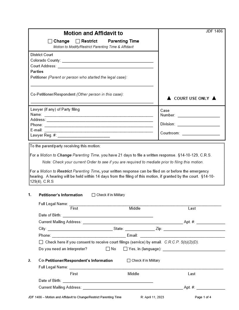 Motion To Modify Or Restrict Parenting Time {JDF 1406} | Pdf Fpdf Docx | Colorado