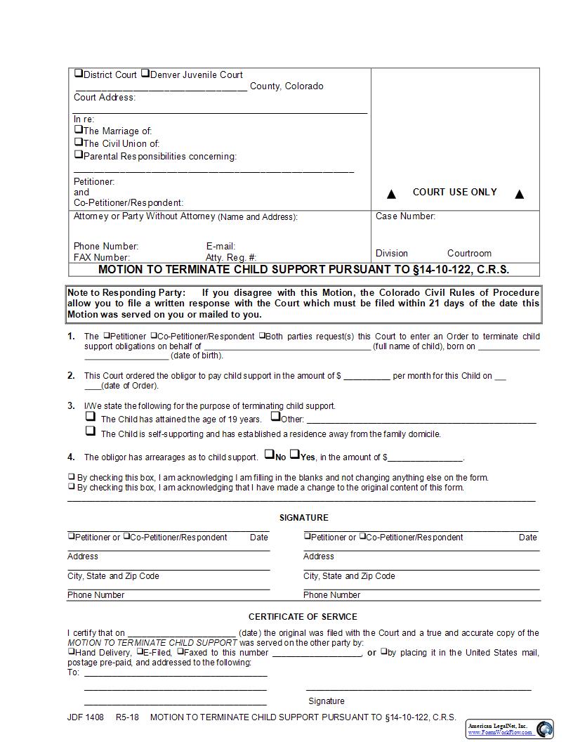 Motion To Terminate Child Support  {JDF 1408} | Pdf Fpdf Docx | Colorado