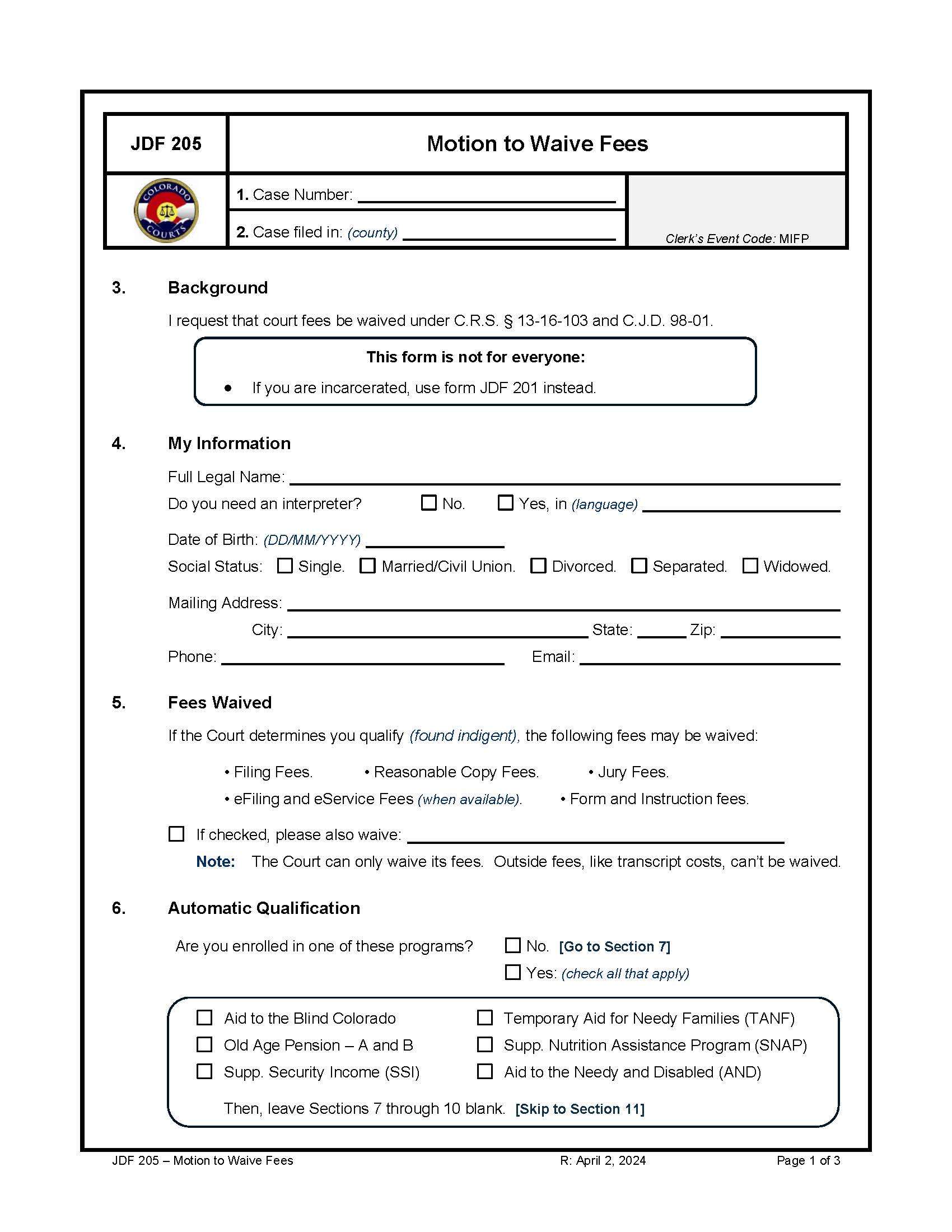 Motion To Waive Fees {JDF 205} | Pdf Fpdf Docx | Colorado