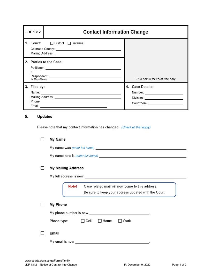 Notice Of Change Regarding Contact Information {JDF 1312} | Pdf Fpdf Doc Docx | Colorado
