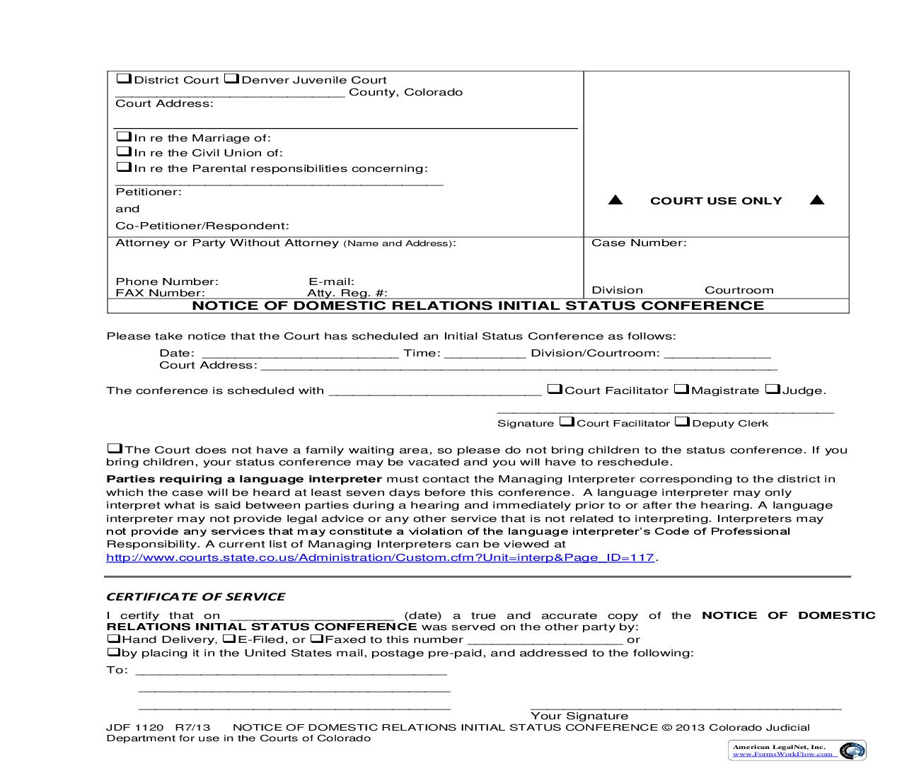 Notice Of Domestic Relations Initial Status Conference {JDF 1120} | Pdf Fpdf Doc Docx | Colorado