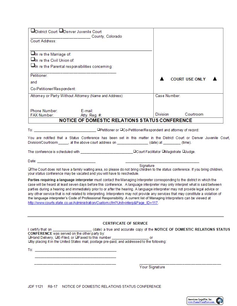 Notice Of Domestic Relations Status Conference {JDF 1121} | Pdf Fpdf Docx | Colorado