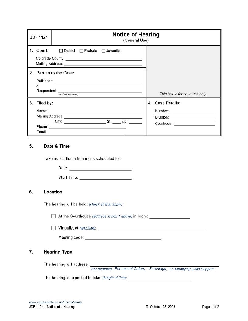 Notice Of Hearing {JDF 1124} | Pdf Fpdf Doc Docx | Colorado