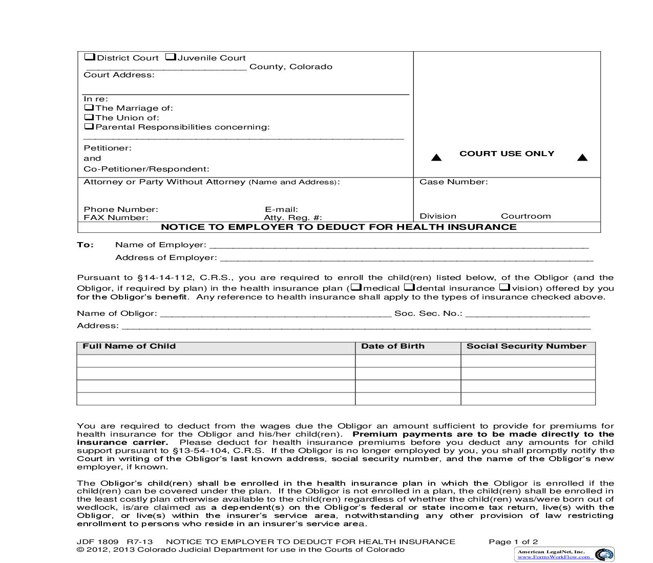 Notice To Employer To Deduct For Health Insurance {JDF 1809} | Pdf Fpdf Doc Docx | Colorado