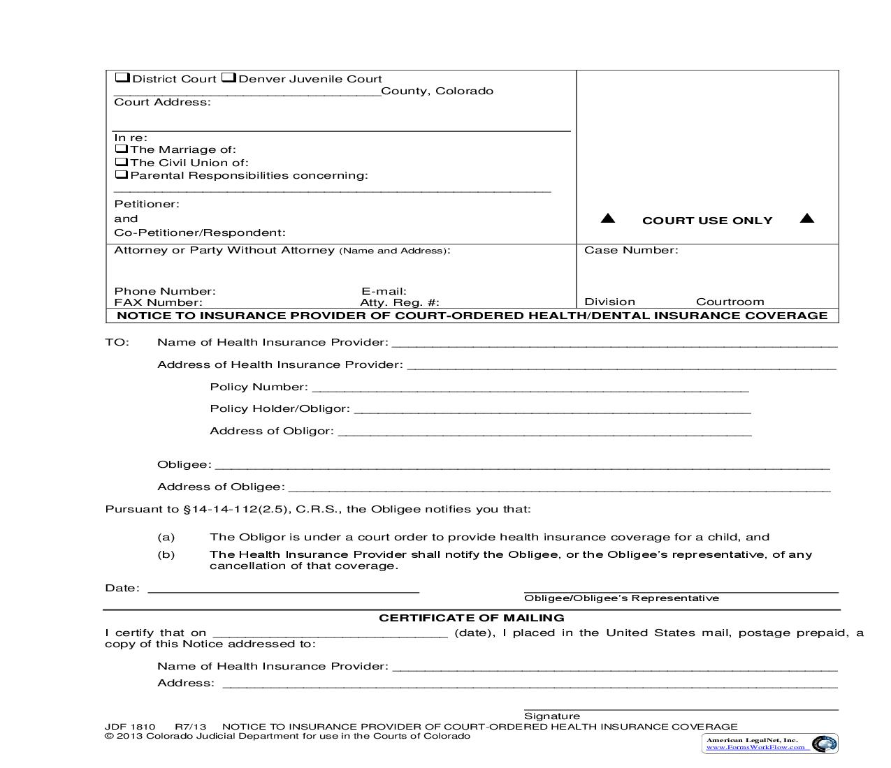 Notice To Insurance Provider Of Court Ordered Health Insurance Coverage {JDF 1810} | Pdf Fpdf Doc Docx | Colorado