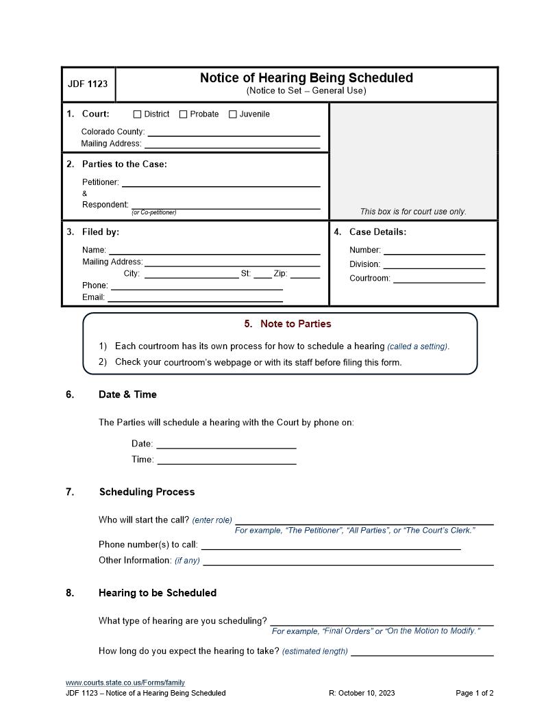 Notice To Set Hearing {JDF 1123} | Pdf Fpdf Docx | Colorado