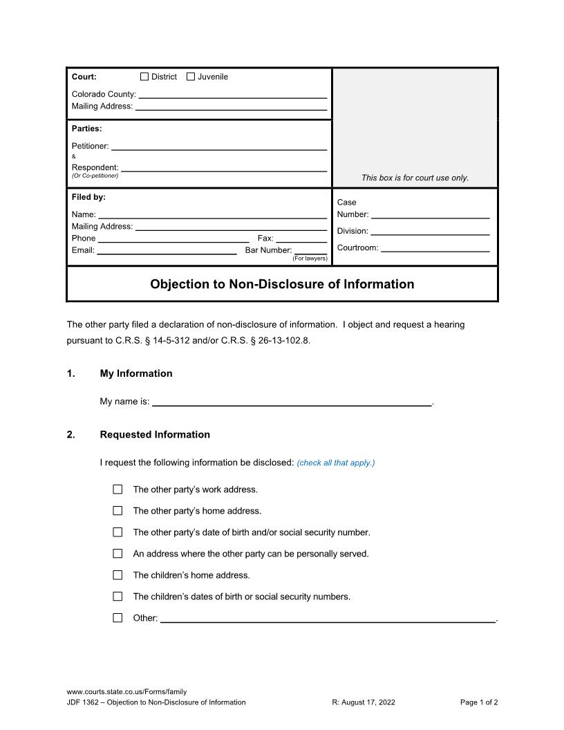Objection To Non-Disclosure Of Information {JDF 1362} | Pdf Fpdf Docx | Colorado