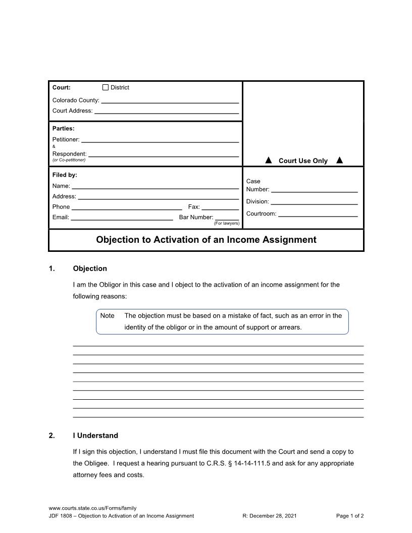 Objection To The Activation Of An Income Assignment {JDF 1808} | Pdf Fpdf Docx | Colorado