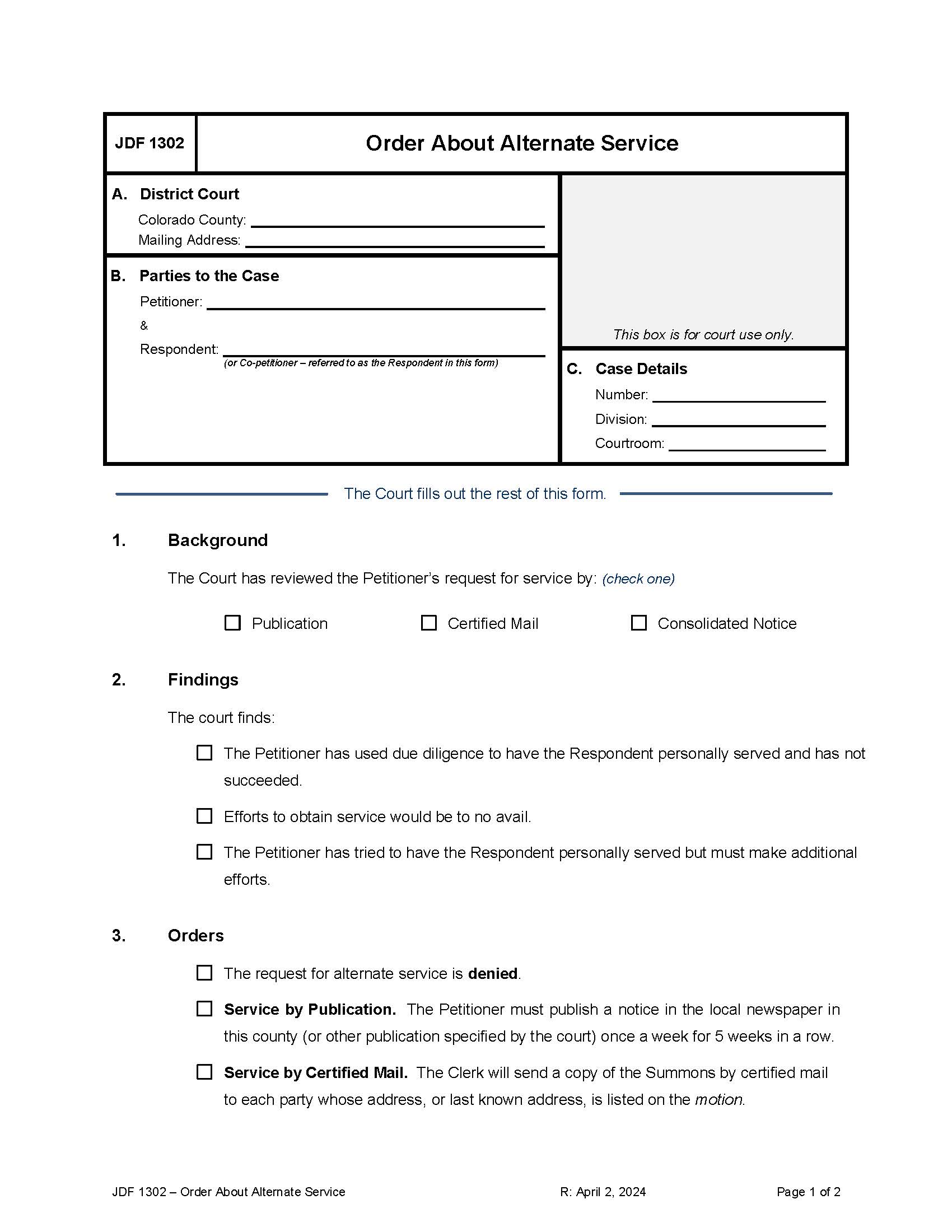 Order About Alternate Service {JDF 1302} | Pdf Fpdf Docx | Colorado