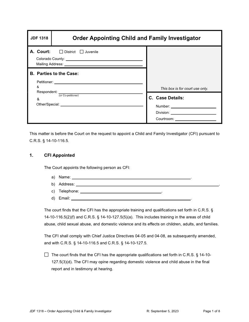 Order Appointing Child And Family Investigator {JDF 1318} | Pdf Fpdf Docx | Colorado