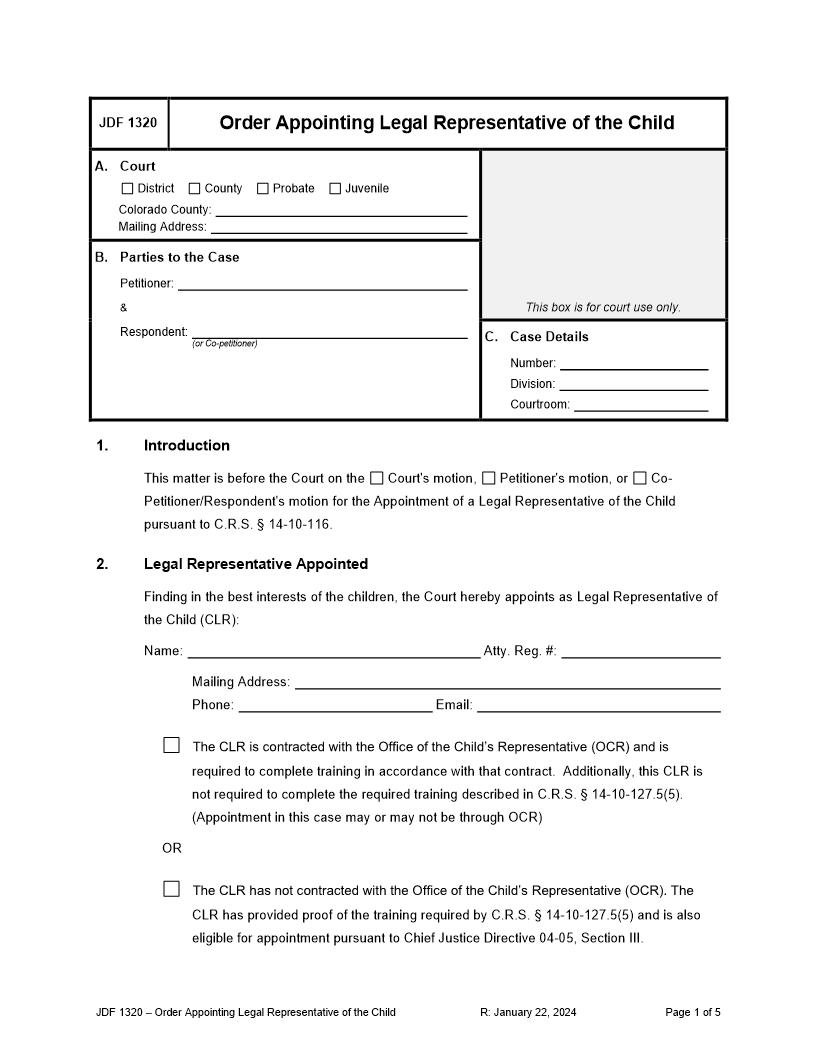 Order Appointing Legal Representative Of The Child {JDF 1320} | Pdf Fpdf Doc Docx | Colorado
