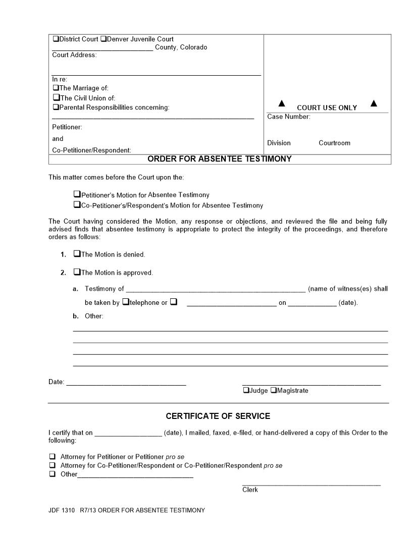 Order For Absentee Testimony {JDF 1310} | Pdf Fpdf Doc Docx | Colorado