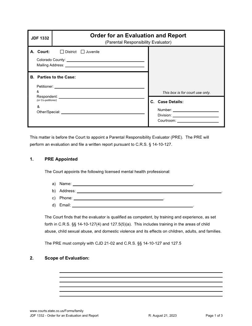 Order For An Evaluation And Report {JDF 1332} | Pdf Fpdf Doc Docx | Colorado