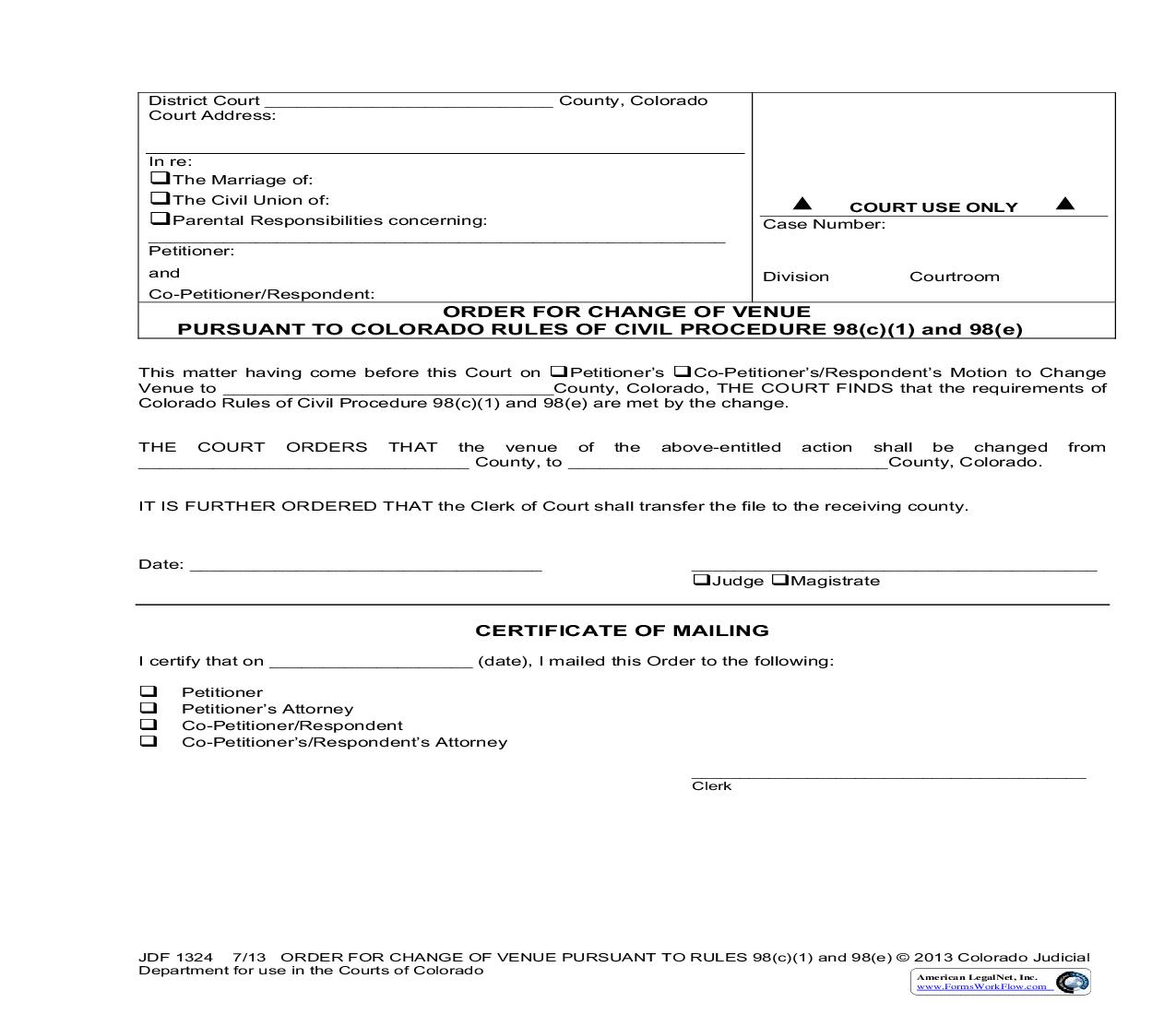 Order For Change Of Venue Pursuant To Colorado Rules Of Civil Procedure 98(c)(1) And 98(e) {JDF 1324} | Pdf Fpdf Doc Docx | Colorado