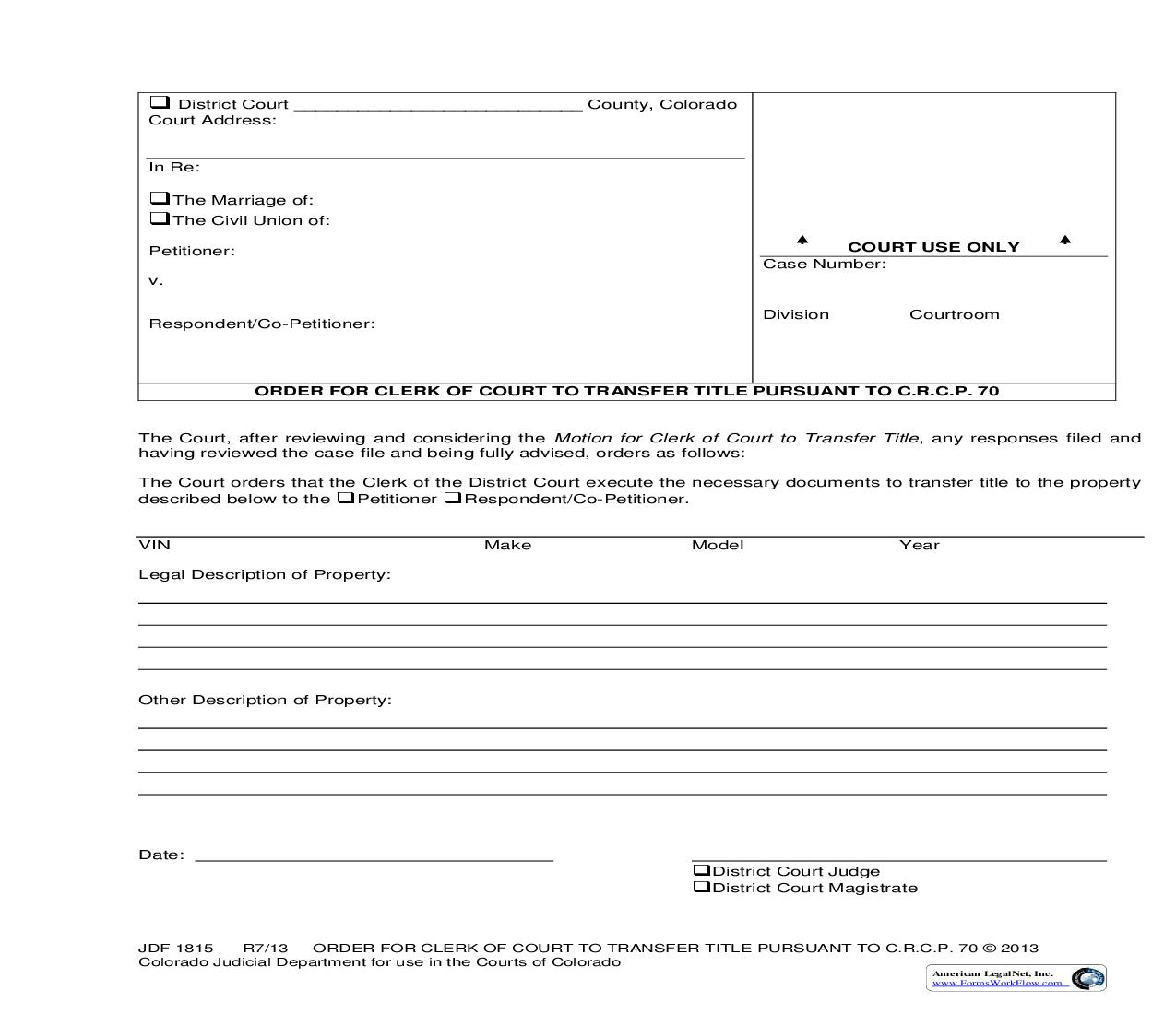 Order For Clerk Of Court To Transfer Title Pursuant To CRCP 70 {JDF 1815} | Pdf Fpdf Doc Docx | Colorado