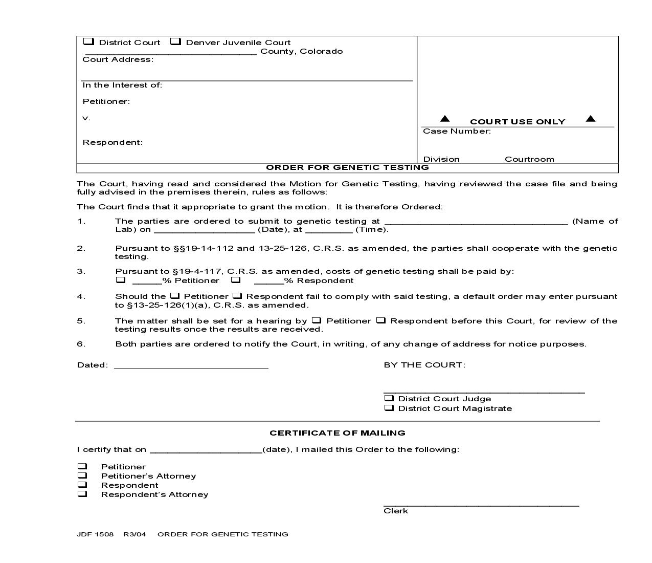 Order For Genetic Testing {JDF 1508} | Pdf Fpdf Doc Docx | Colorado