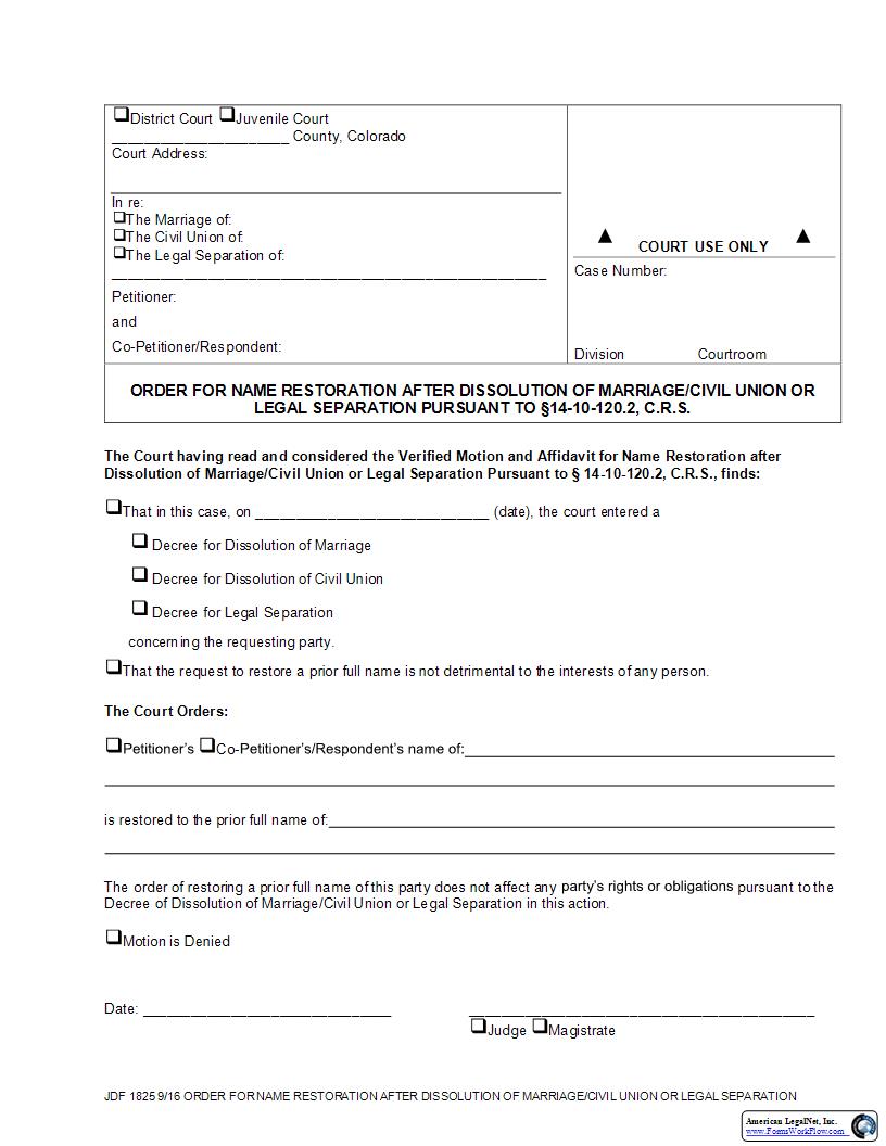 Order For Name Restoration {JDF 1825} | Pdf Fpdf Docx | Colorado