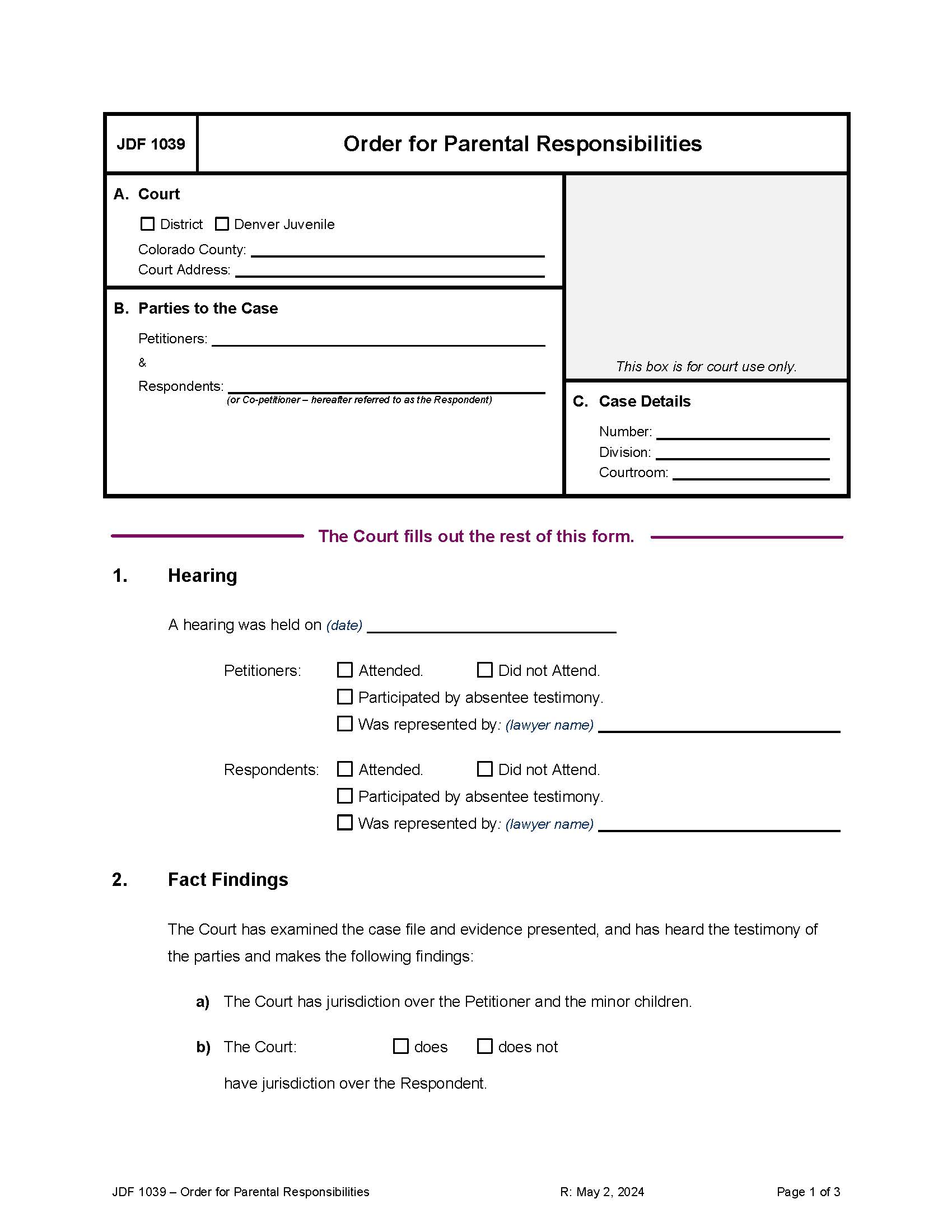 Order For Parental Responsibilities {JDF 1039} | Pdf Fpdf Doc Docx | Colorado