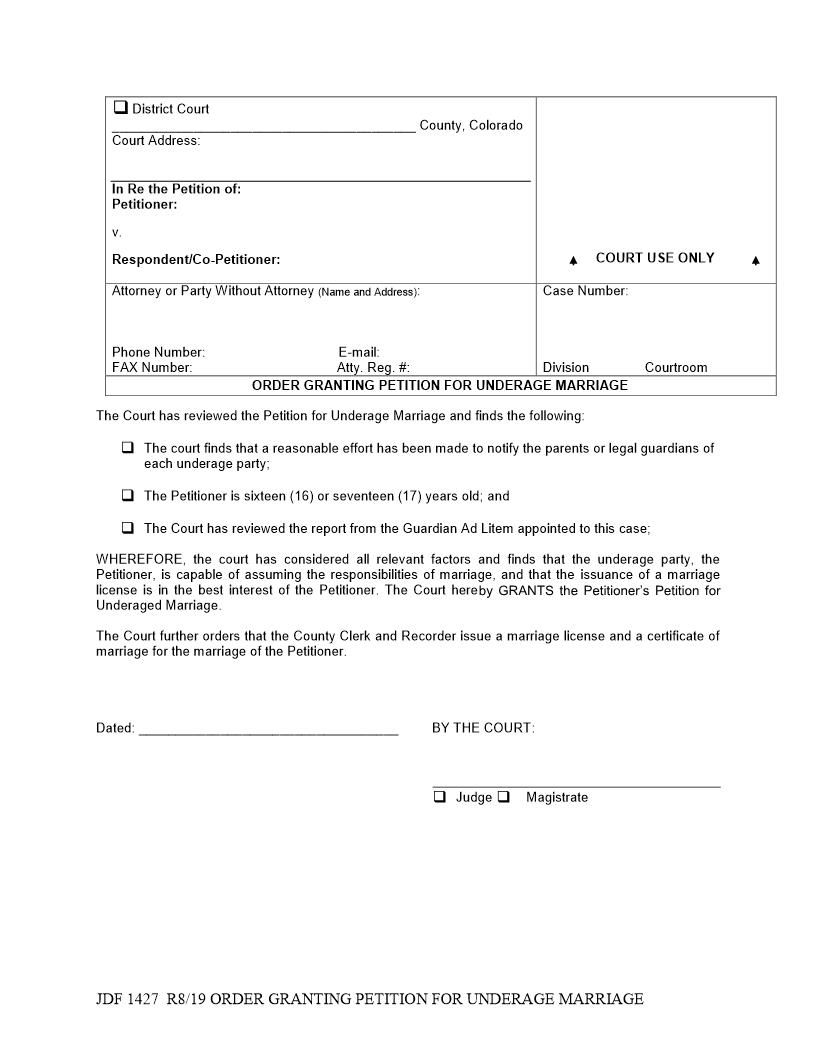 Order Granting Petition For Underage Marriage {JDF 1427} | Pdf Fpdf Docx | Colorado