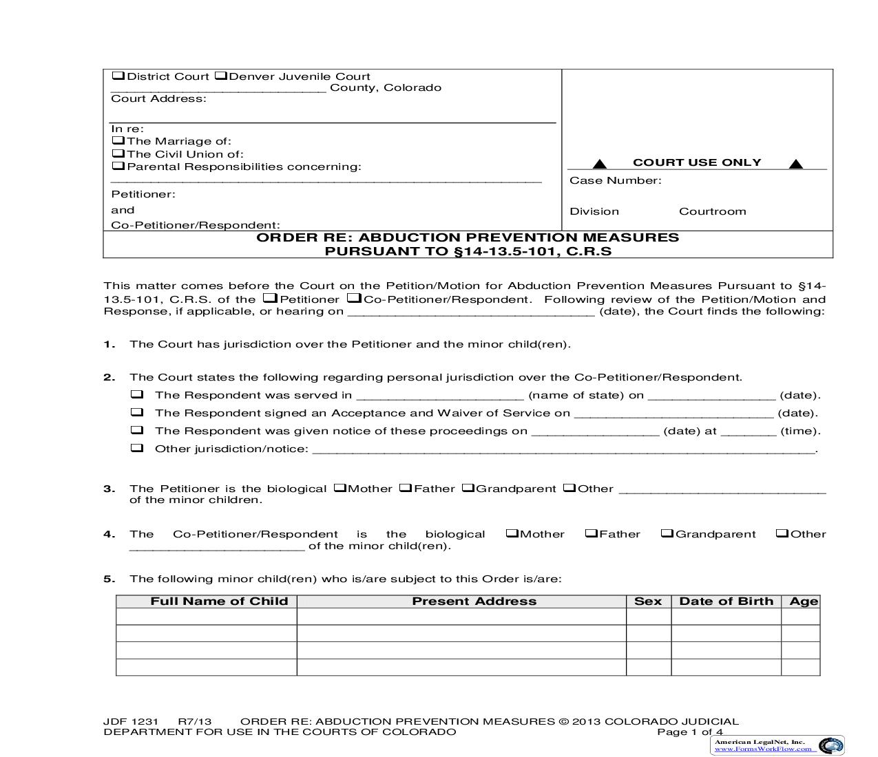 Order Re Abduction Prevention Measures Pursuant To Section 14-13.5-101 C.R.S. {JDF 1231} | Pdf Fpdf Doc Docx | Colorado