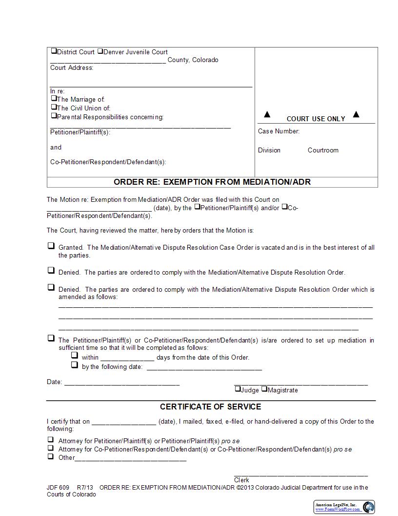 Order Re Exemption From Mediation {JDF 609T} | Pdf Fpdf Docx | Colorado
