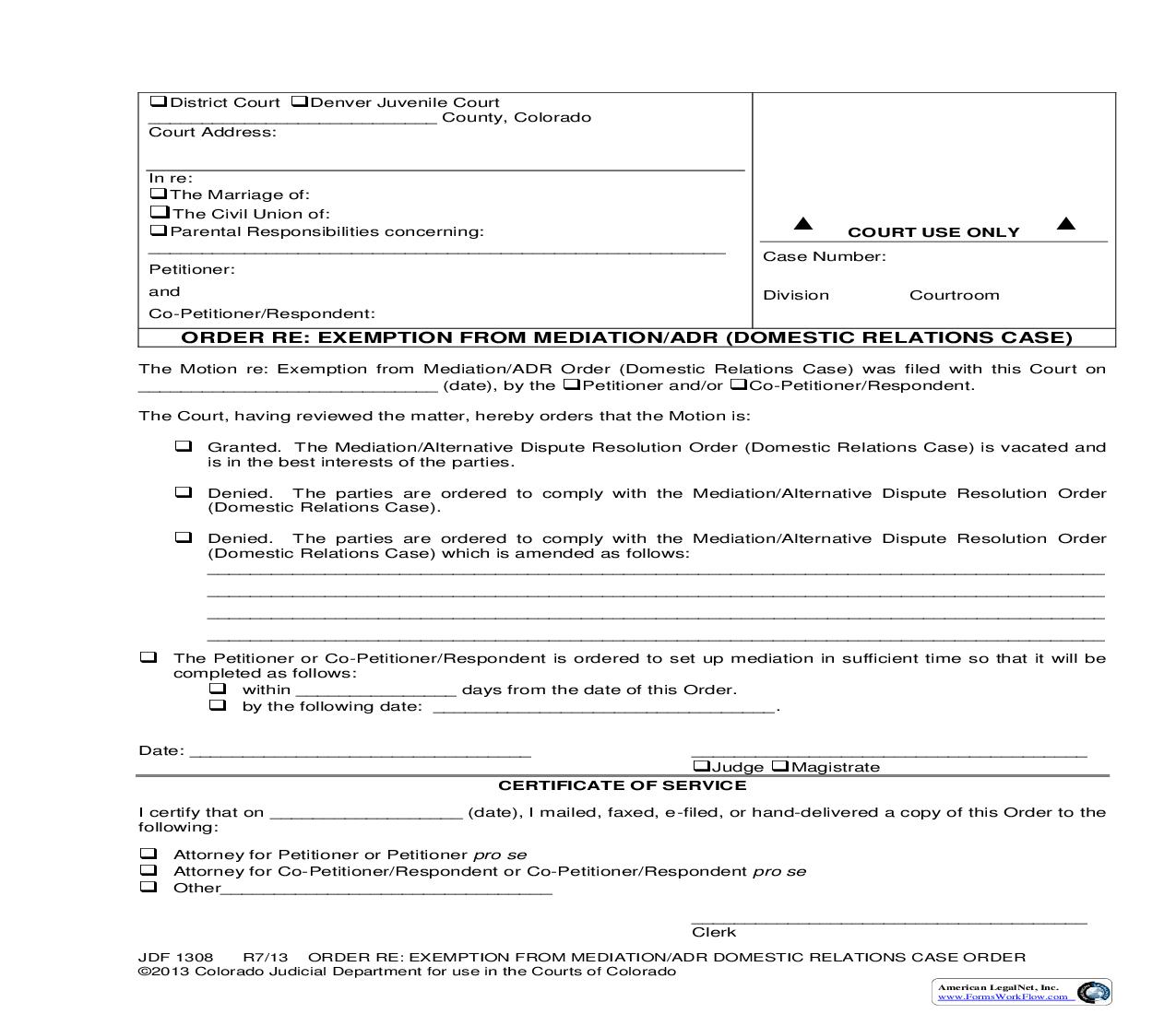 Order Re Exemption From Mediation Or ADR Domestic Relations Case Order {JDF 1308} | Pdf Fpdf Doc Docx | Colorado
