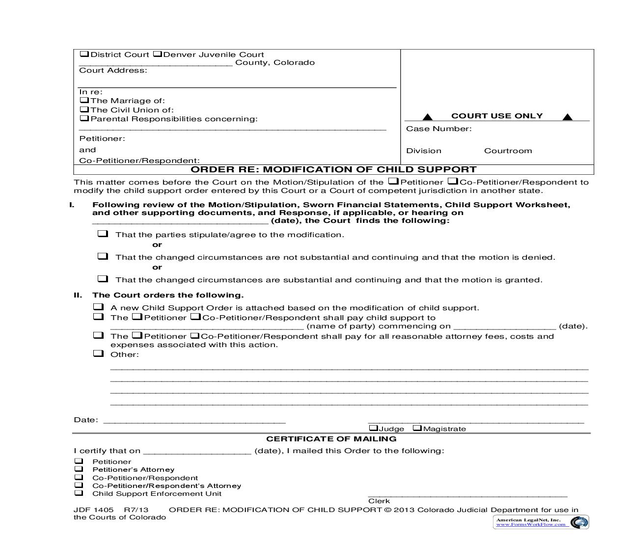 Order Re Modification Of Child Support {JDF 1405} | Pdf Fpdf Doc Docx | Colorado
