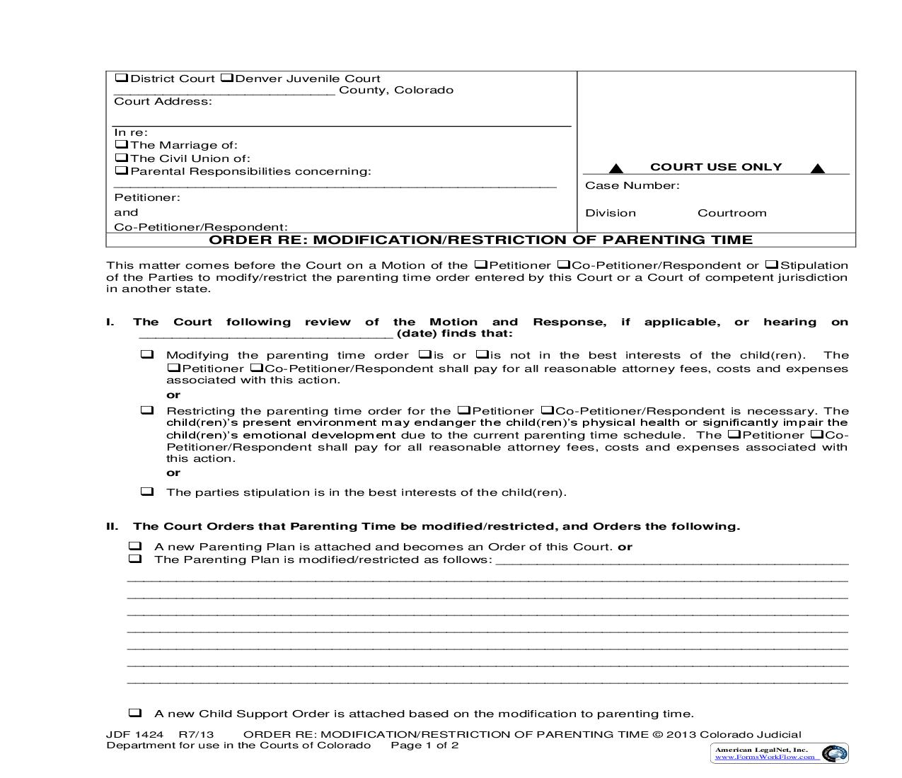 Order Re Modification Or Restriction Of Parenting Time {JDF 1424} | Pdf Fpdf Doc Docx | Colorado