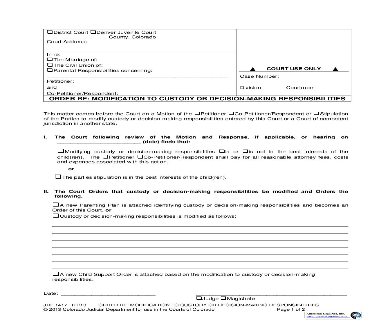 Order Re Modification To Custody Or Decision-Making Responsibilities {JDF 1417} | Pdf Fpdf Doc Docx | Colorado