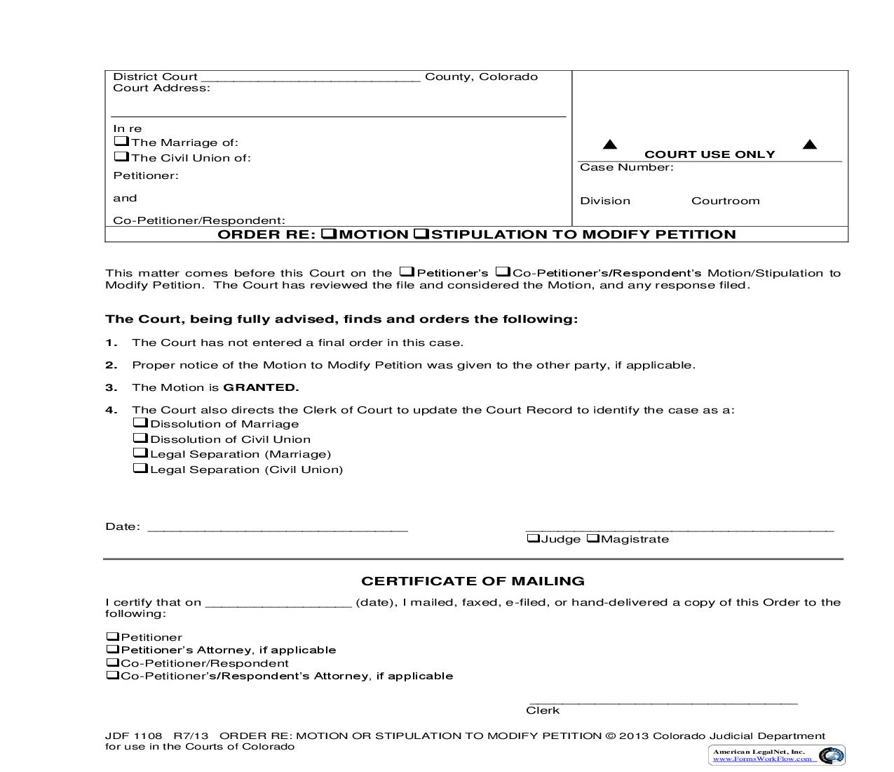Order Re Motion Or Stipulation To Modify Petition {JDF 1108} | Pdf Fpdf Doc Docx | Colorado
