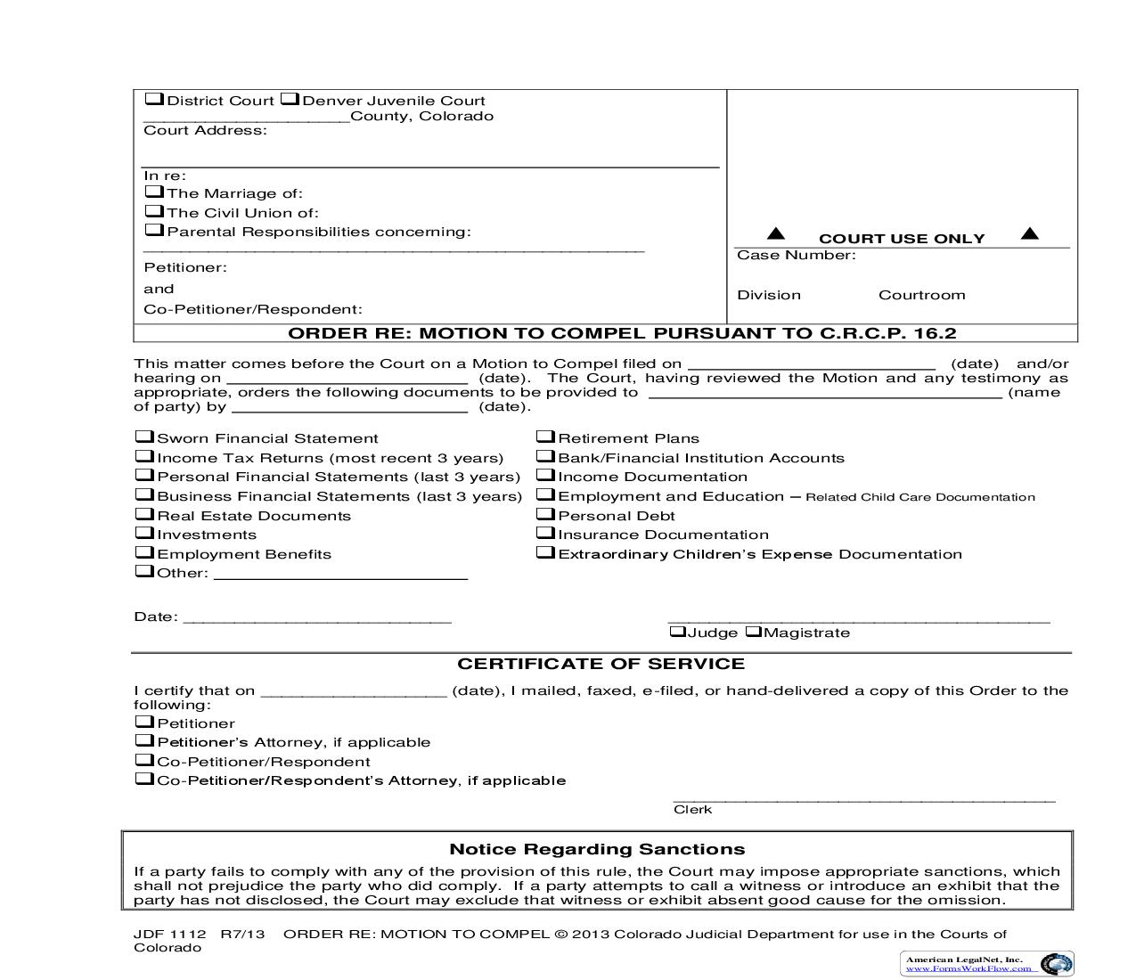Order Re Motion To Compel Pursuant To C.R.C.P. 16.2 {JDF 1112} | Pdf Fpdf Doc Docx | Colorado