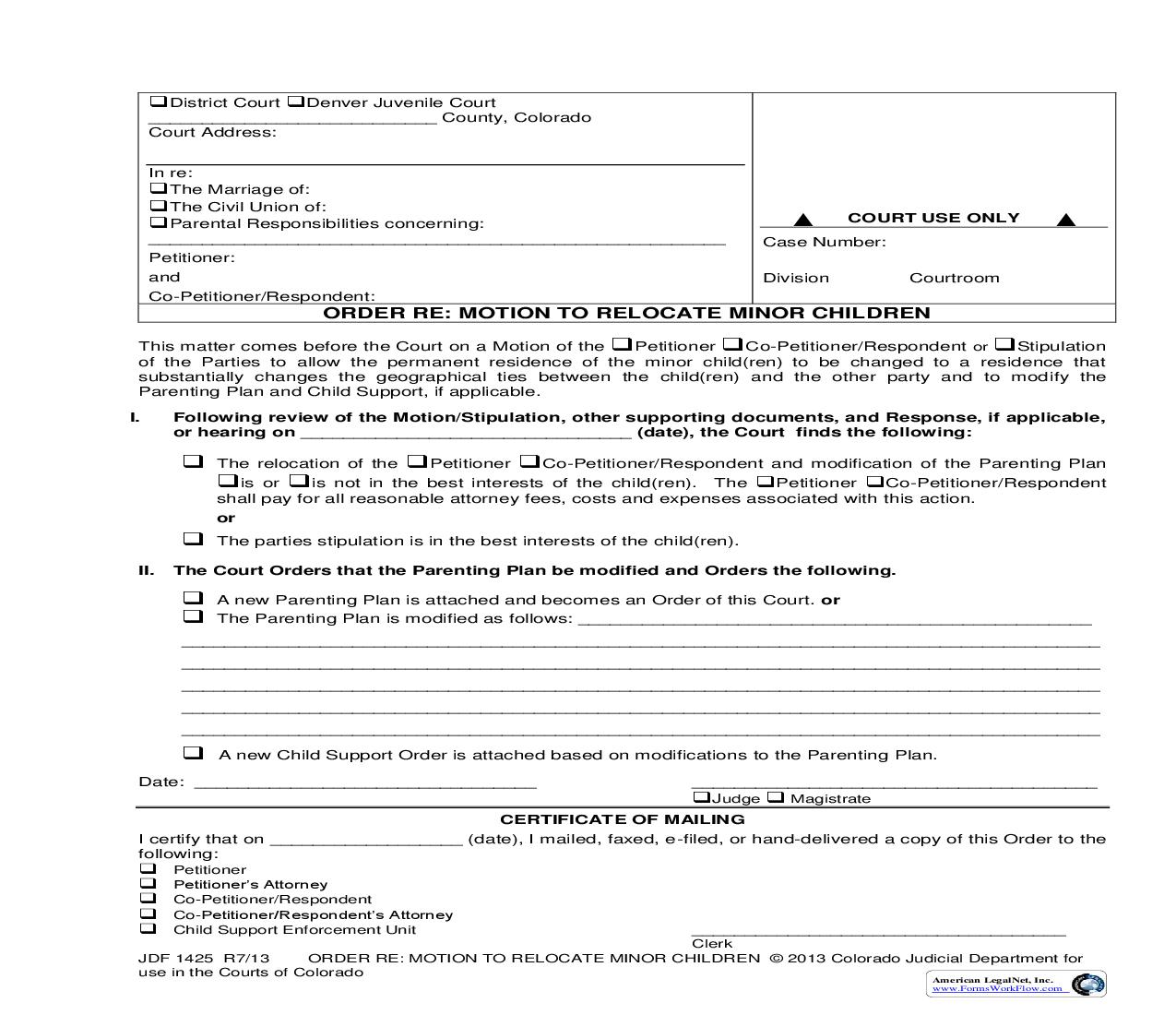 Order Re Motion To Relocate Minor Children {JDF 1425} | Pdf Fpdf Doc Docx | Colorado
