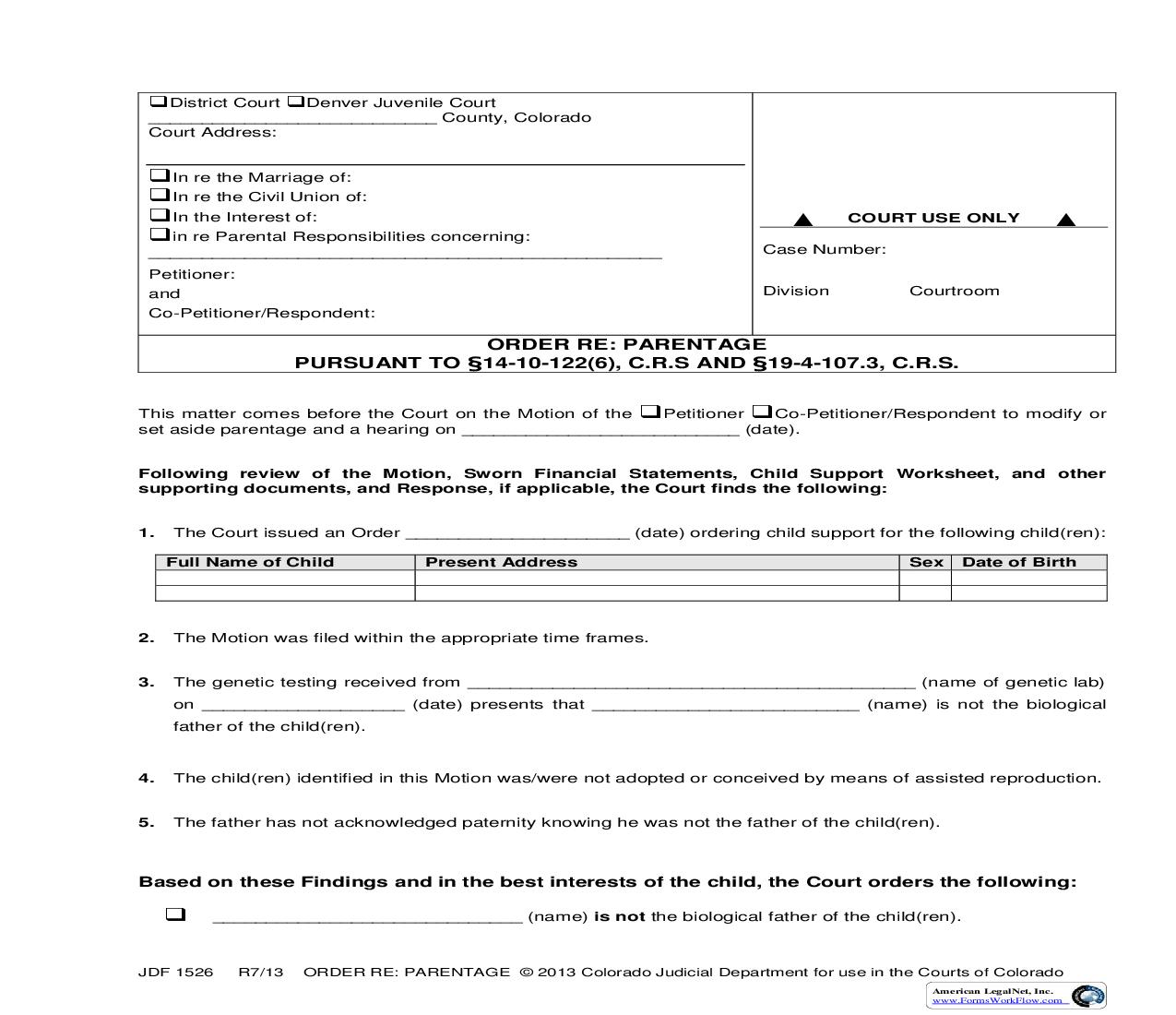 Order Re Parentage Pursuant To Sections 14-10-122(6) And 19-4-107.3 C.R.S. {JDF 1526} | Pdf Fpdf Doc Docx | Colorado