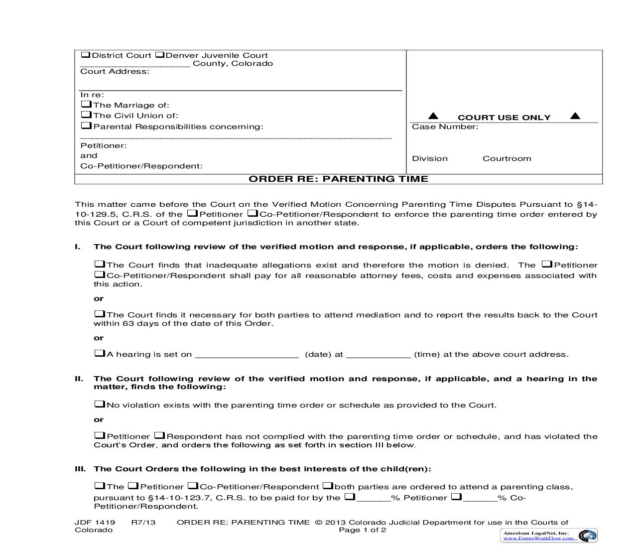 Order Re Parenting Time {JDF 1419} | Pdf Fpdf Doc Docx | Colorado