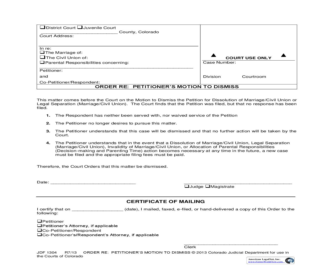 Order Re Petitioners Motion To Dismiss {JDF 1304} | Pdf Fpdf Doc Docx | Colorado