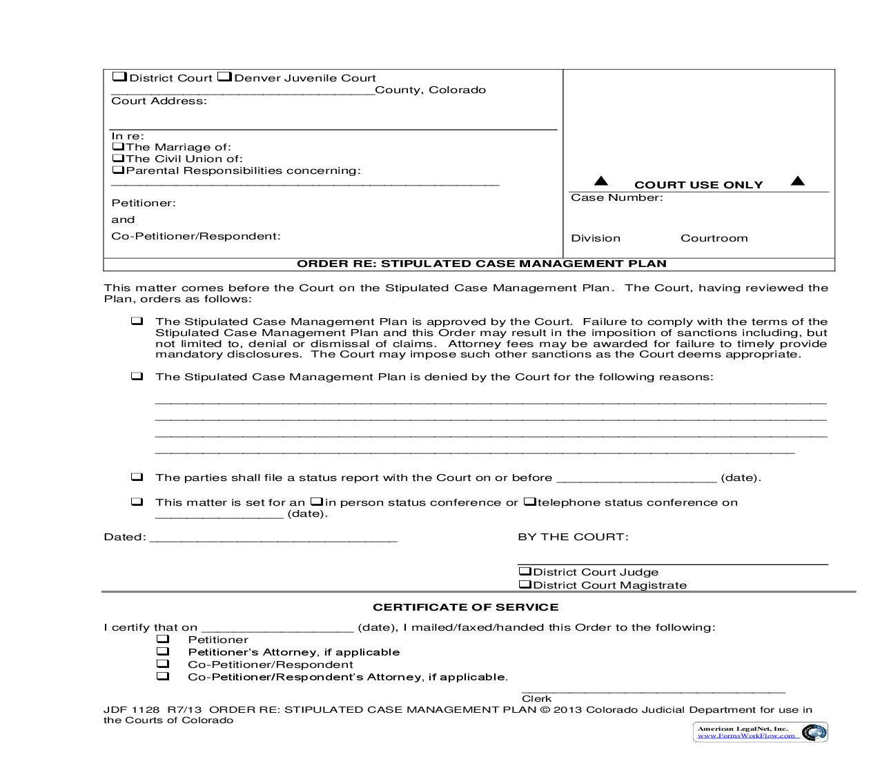 Order Re Stipulated Case Management Plan {JDF 1128} | Pdf Fpdf Doc Docx | Colorado