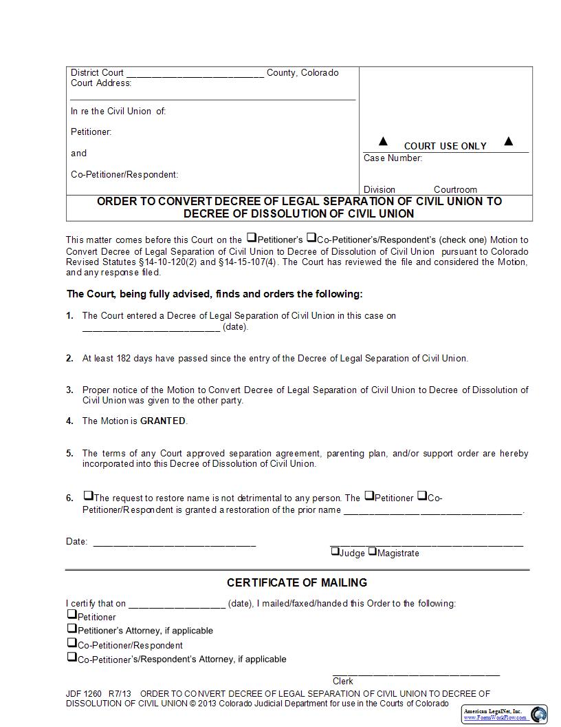 Order To Convert Separation To Dissolution (Civil Union) {JDF 1260} | Pdf Fpdf Docx | Colorado