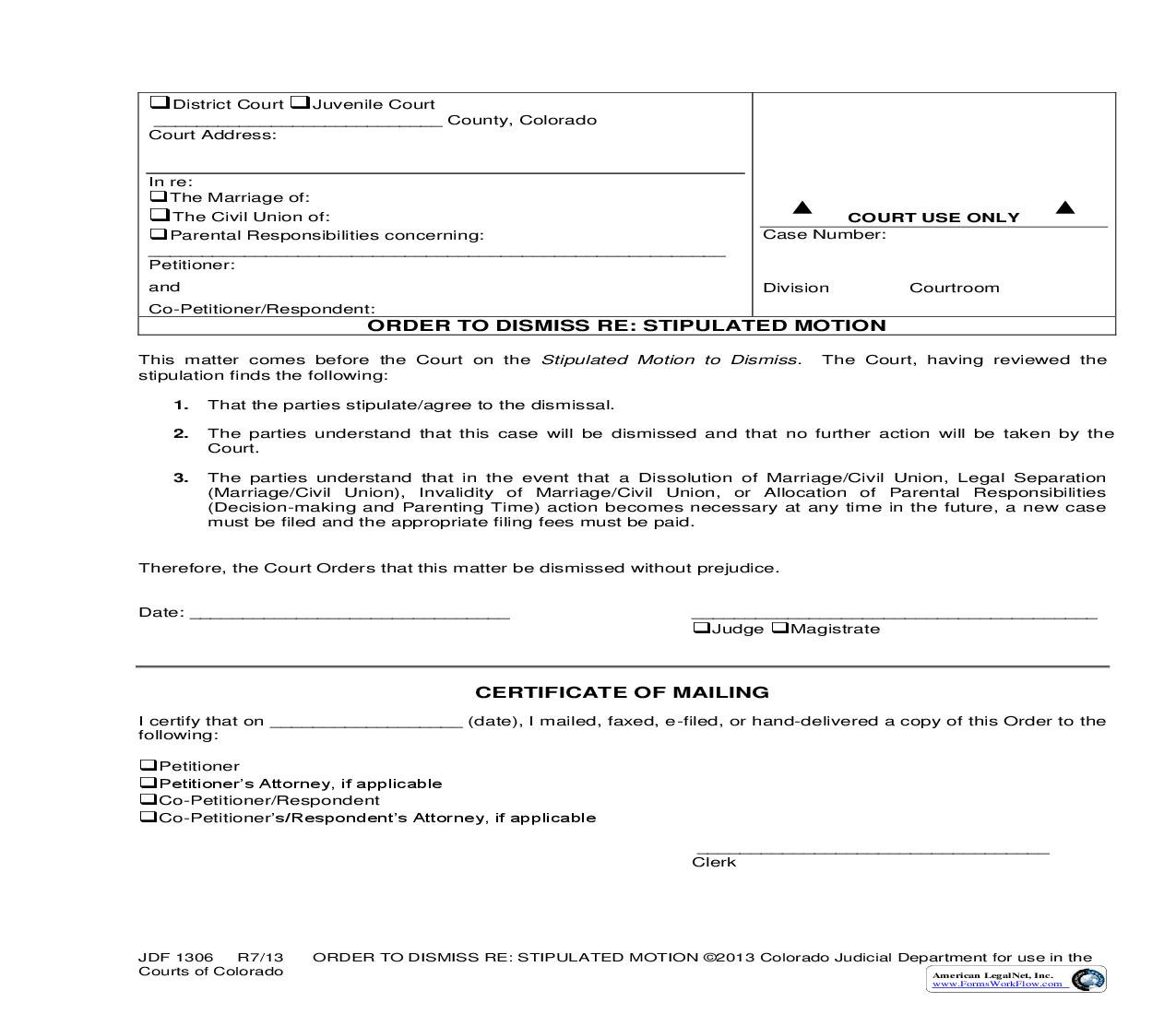 Order To Dismiss Re Stipulate Motion {JDF 1306} | Pdf Fpdf Doc Docx | Colorado