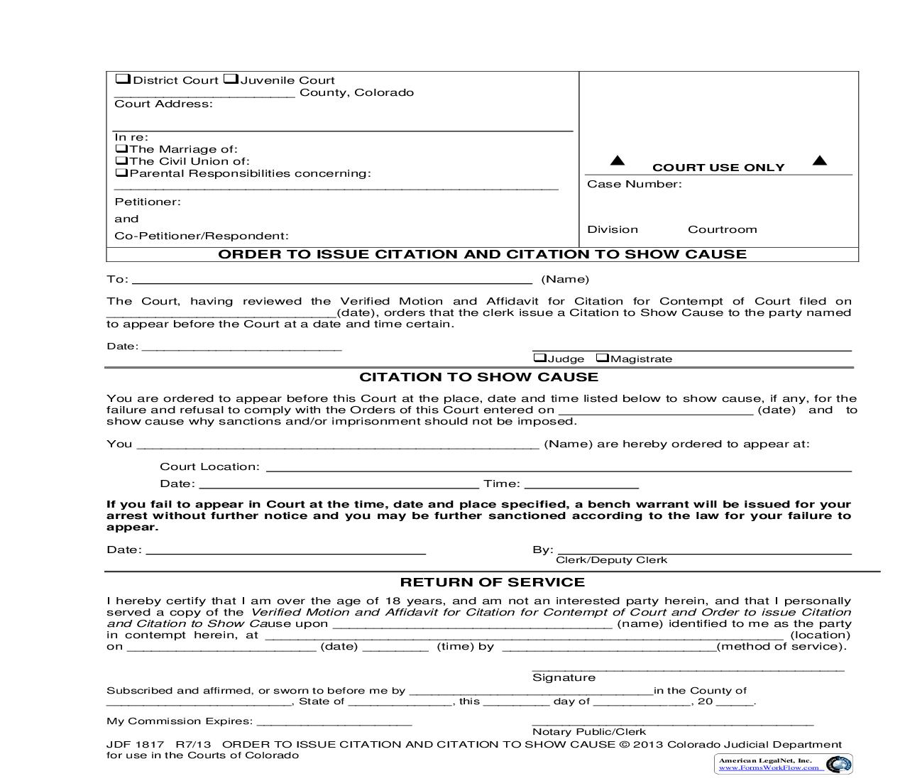 Order To Issue Citation And Citation To Show Cause {JDF 1817} | Pdf Fpdf Doc Docx | Colorado