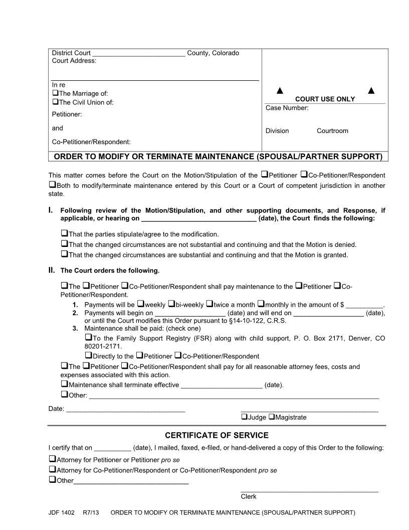 Order To Modify Or Terminate Maintenance {JDF 1402} | Pdf Fpdf Doc Docx | Colorado