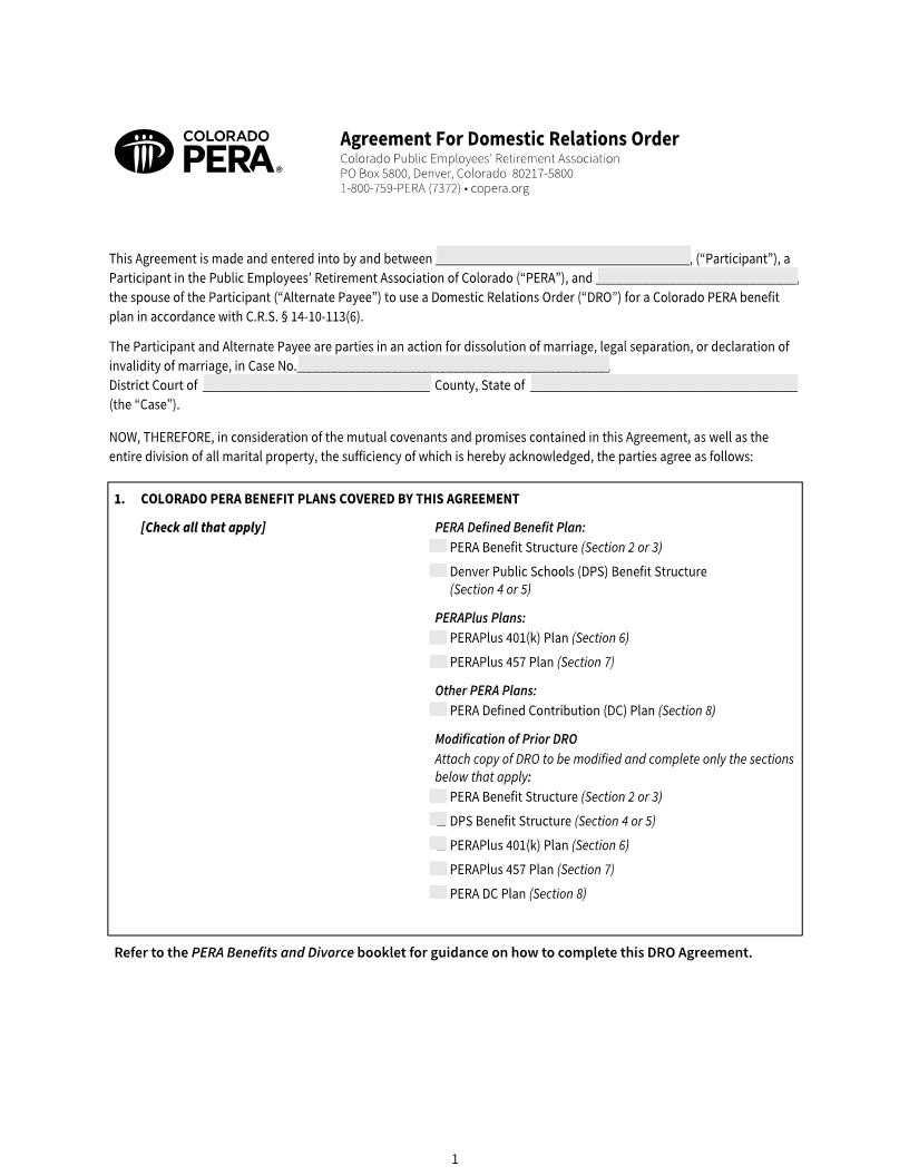 PERA Agreement For Domestic Relations Order {JDF 1202(a)} | Pdf Fpdf Docx | Colorado
