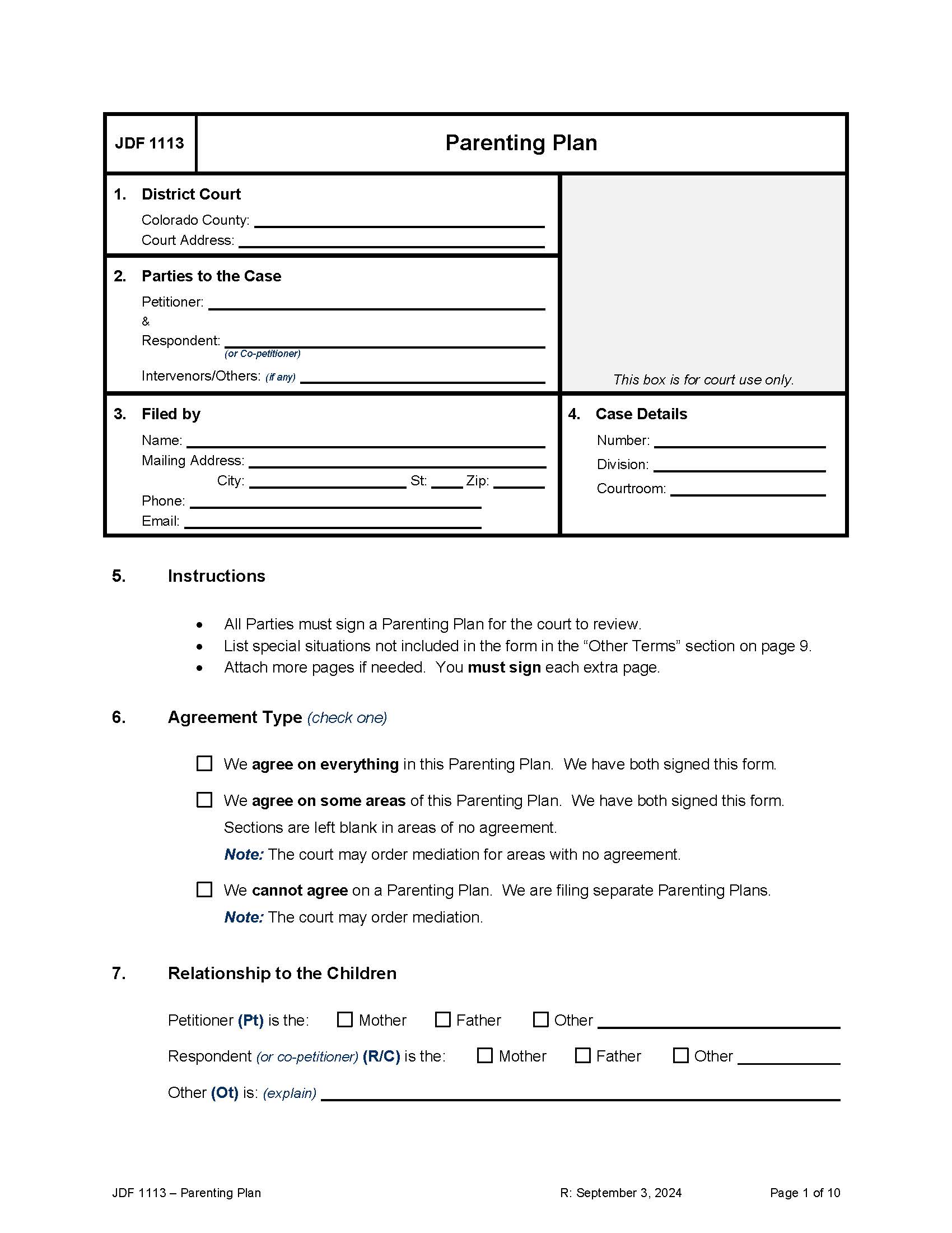 Parenting Plan {JDF 1113} | Pdf Fpdf Docx | Colorado