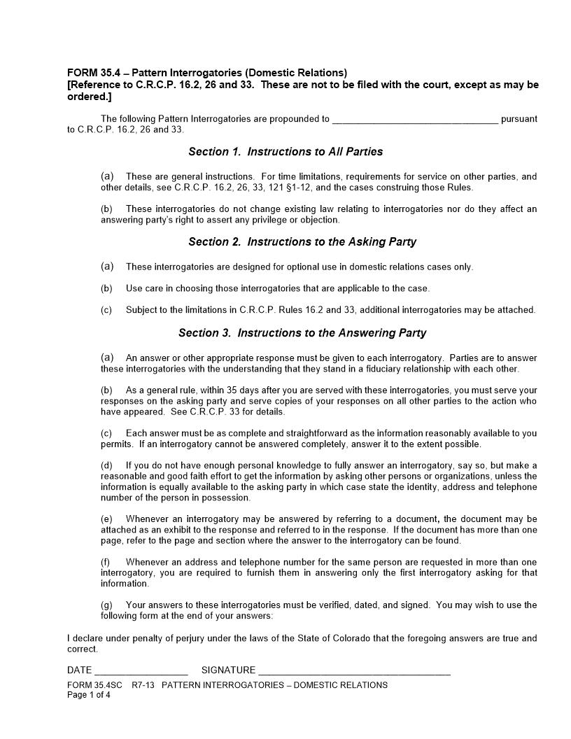 Pattern Interrogatories (Domestic Relations) {35.4} | Pdf Fpdf Doc Docx | Colorado