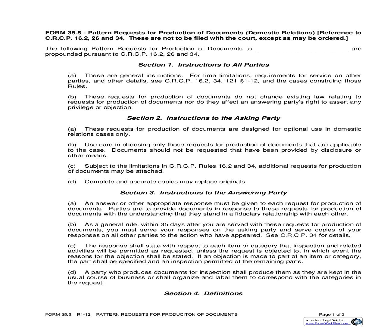 Pattern Requests For Production Of Documents (Domestic Relations) {35.5} | Pdf Fpdf Doc Docx | Colorado