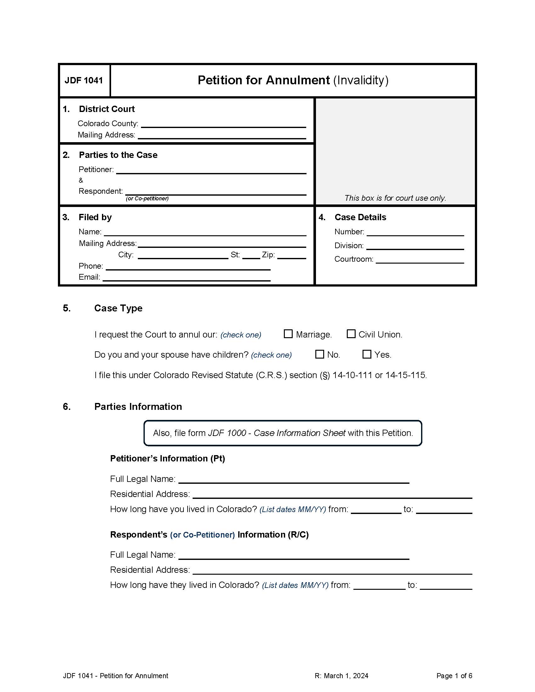 Petition For Annulment {JDF 1041} | Pdf Fpdf Docx | Colorado