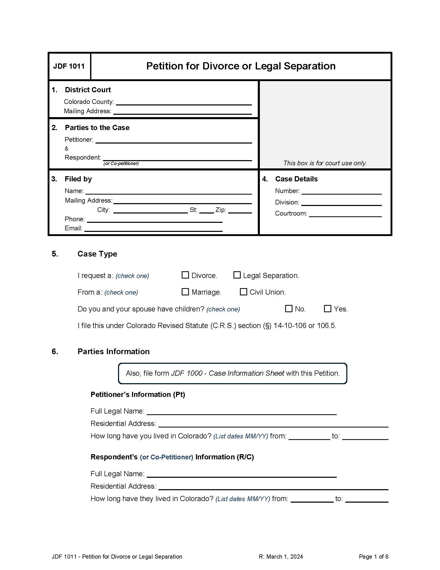 Petition For Divorce Or Legal Separation {JDF 1011} | Pdf Fpdf Docx | Colorado