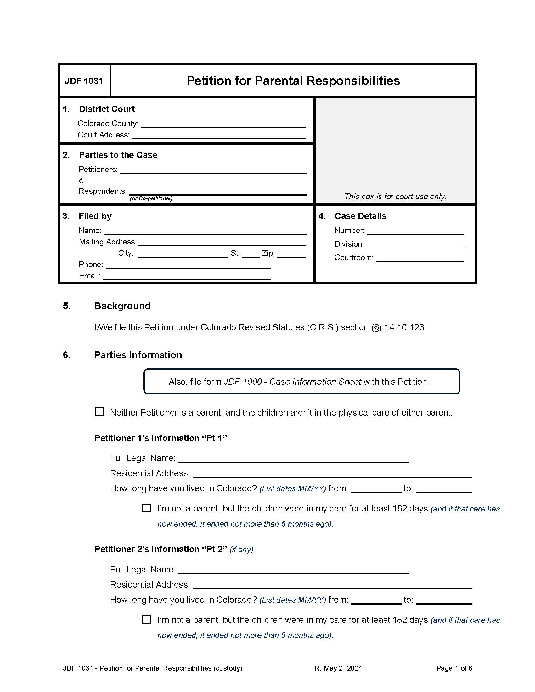 Petition For Parental Responsibilities {JDF 1031} | Pdf Fpdf Docx | Colorado