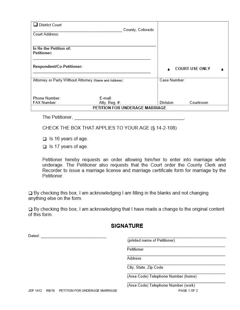 Petition For Underage Marriage {JDF 1412} | Pdf Fpdf Docx | Colorado