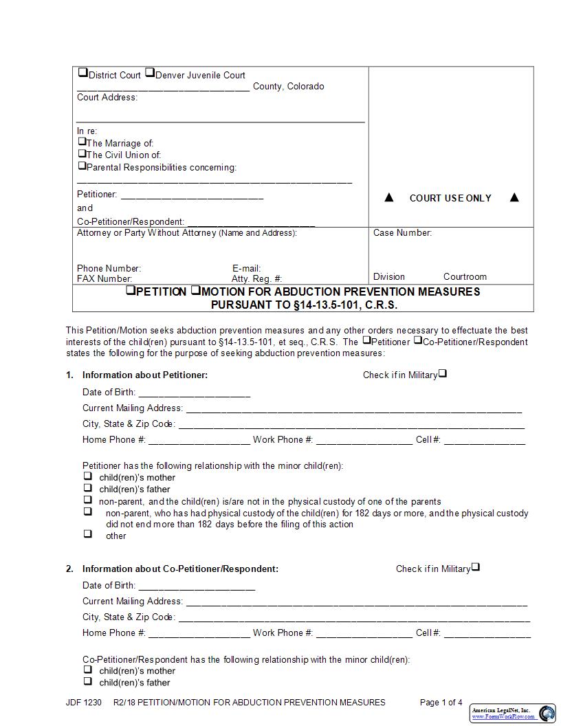 Petition Motion For Abduction Prevention Measures {JDF 1230} | Pdf Fpdf Docx | Colorado