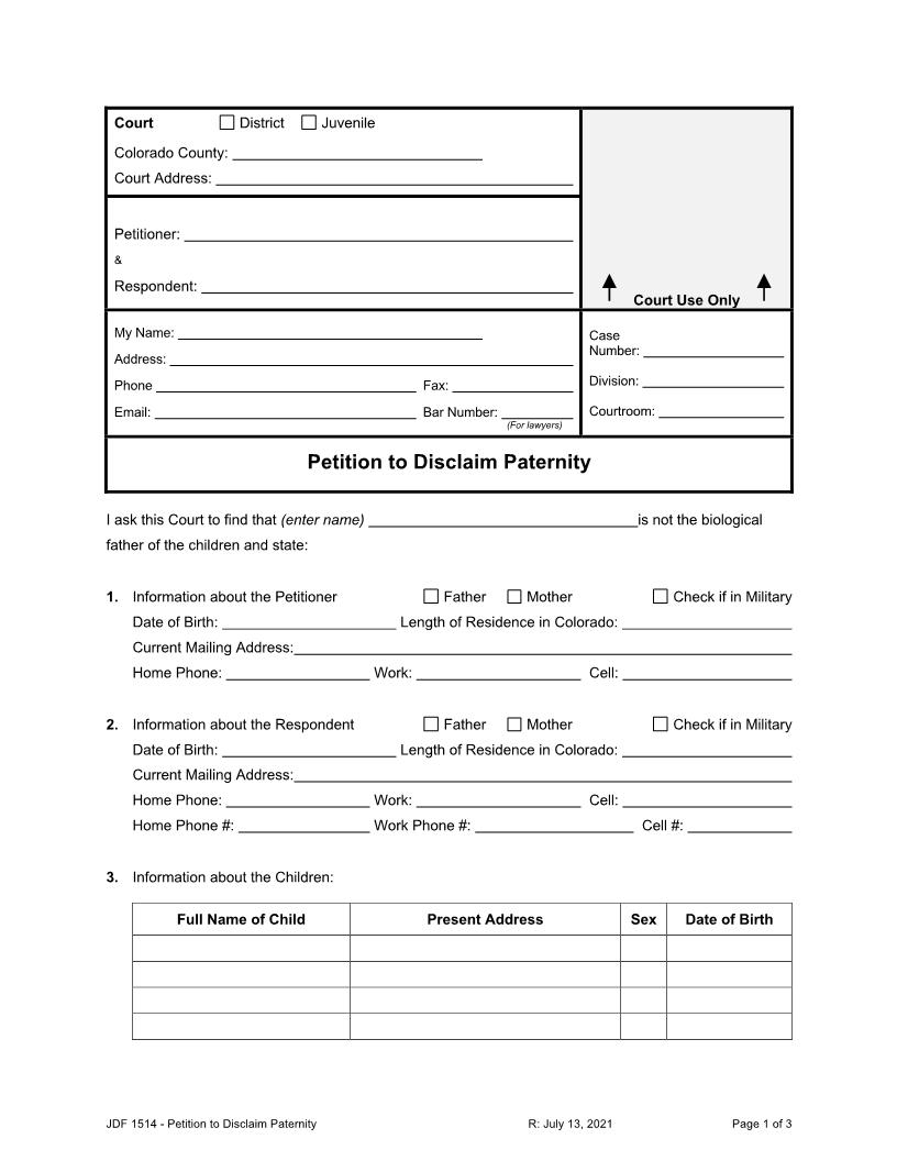 Petition To Disclaim Paternity {JDF 1514} | Pdf Fpdf Docx | Colorado